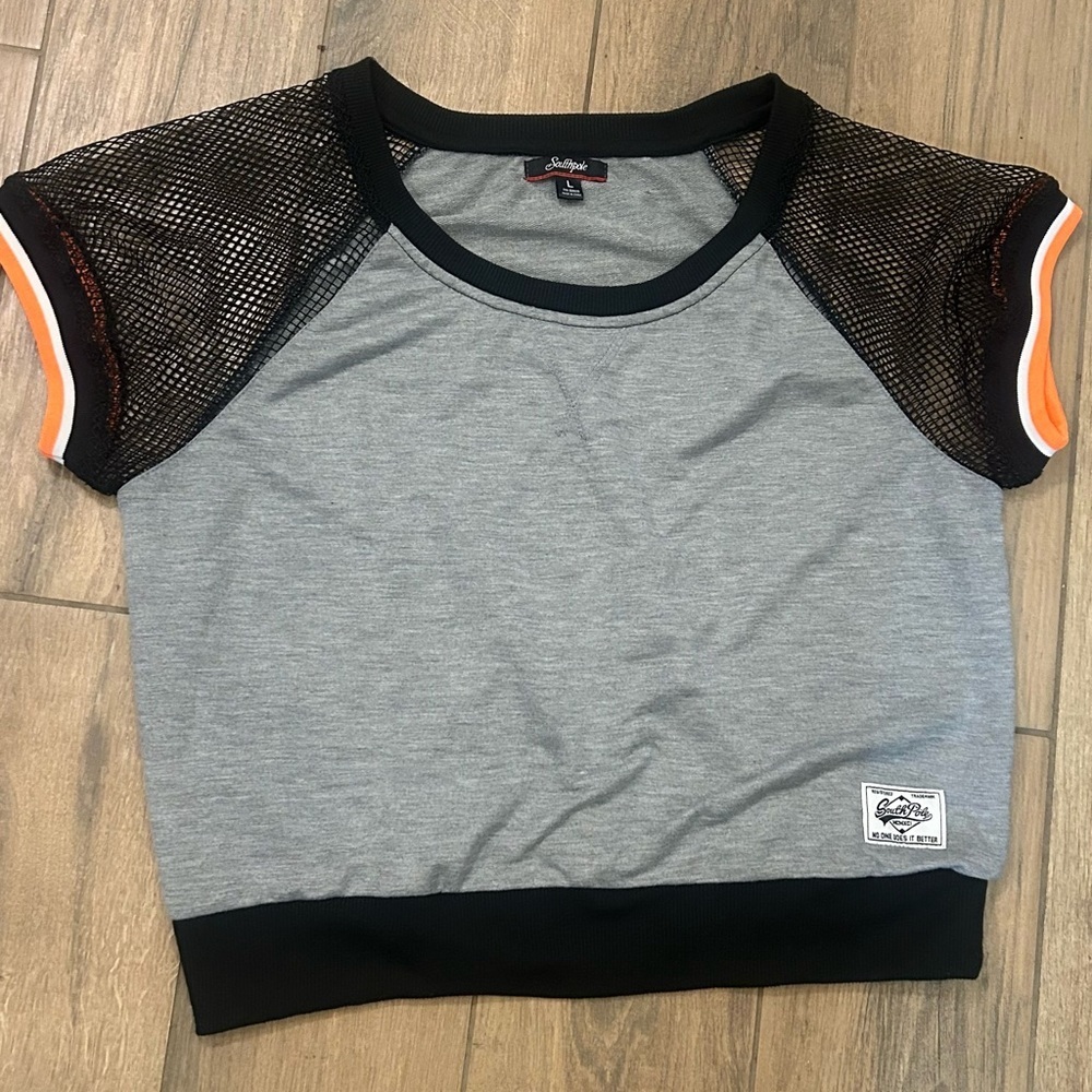 South Pole Gray and Black Short Sleeve Tee with Mesh Details